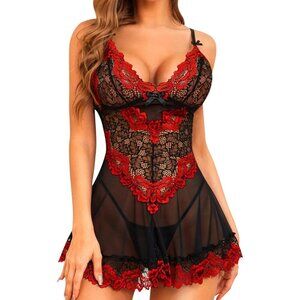 Women Black-red Lingerie Lace Babydoll Mesh Chemise Sleepwear Bridal Nightdress